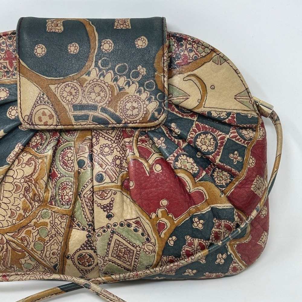 Lisette Vintage Paisley Leather Crossbody Bag Multicolor Mosaic Floral Boho 80s - Picture 5 of 12
